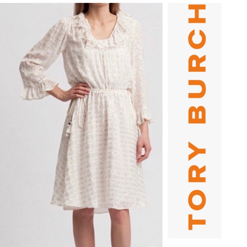 Tory Burch Jasmine Ivory Metallic Tie Waist
Long Sleeve Midi Dress New with tags